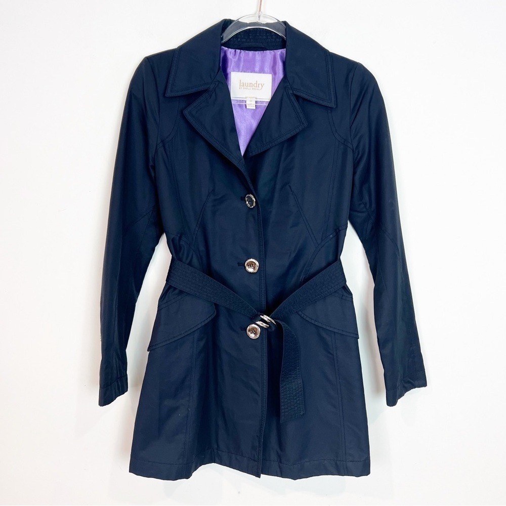 LAUNDRY BY SHELLI SEGAL NAVY BLUE TRENCH COAT WITH BELT WOMENS SZ XS
